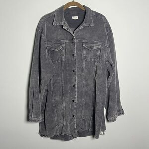 POL Corduroy Shacket Women’s Large Gray Distressed Raw Hem Jacket‎ Button Up